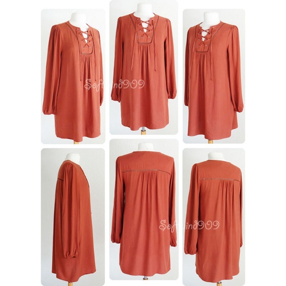 Rust Laced Up Long Sleeves BOHO Flowy Shift Dress - Picture 6 of 7